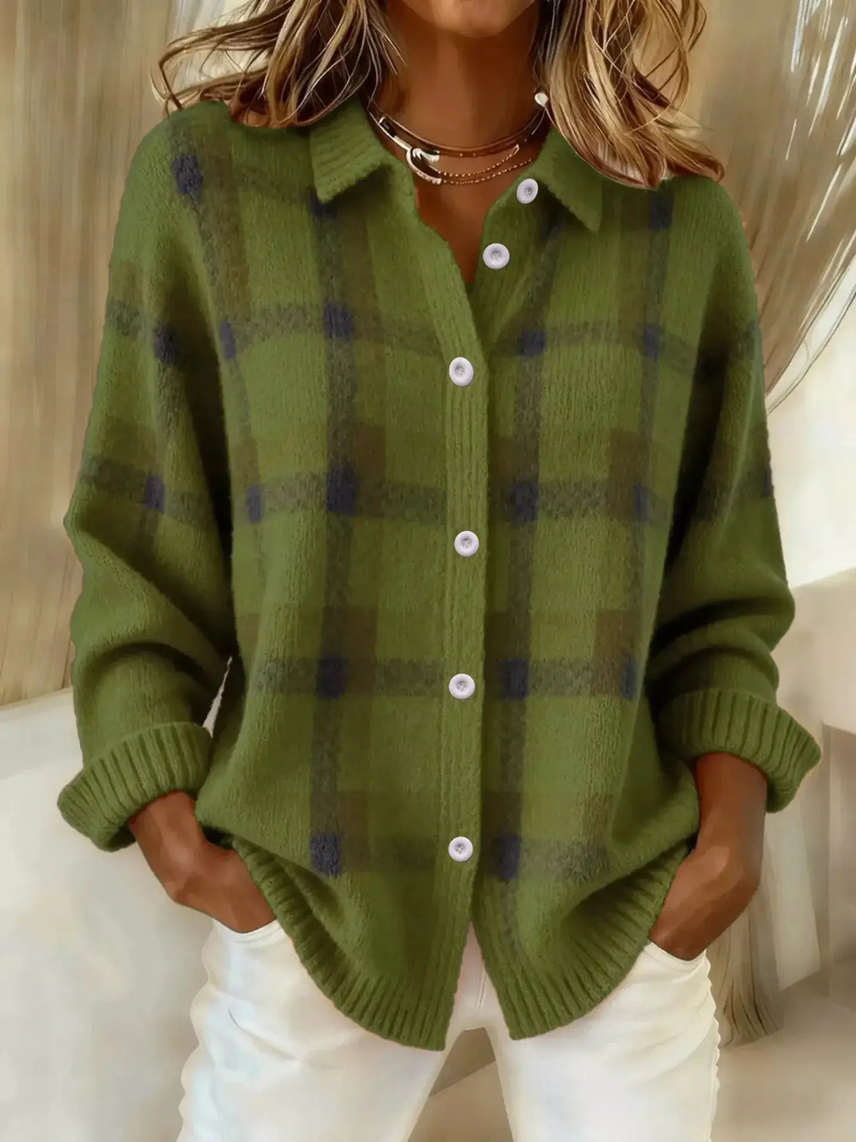 Stretchy plaid button-front acrylic knit cardigan, green plaid with white buttons