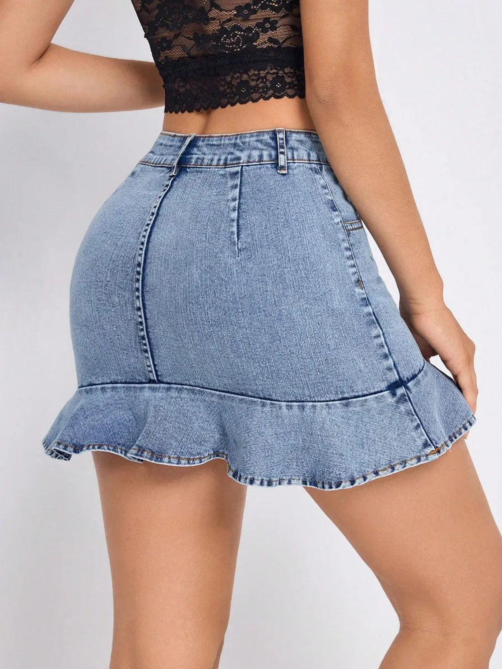 Ruffled Hem Denim Mini Skirt, light-wash blue denim, back view