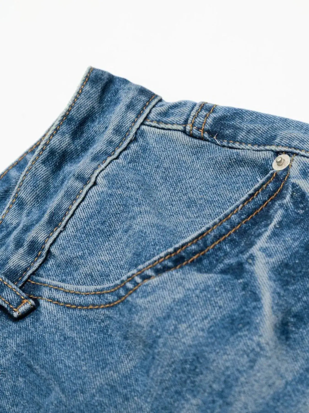 Men's denim shorts, washed blue cotton, relaxed fit wide leg with contrast stitching