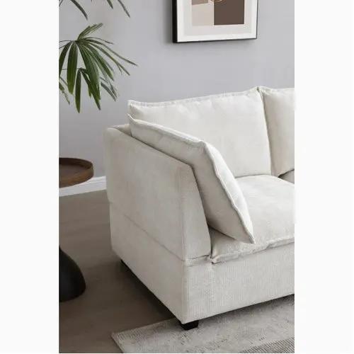 LuxeCasa modular linen sectional sofa with convertible ottoman, beige fabric