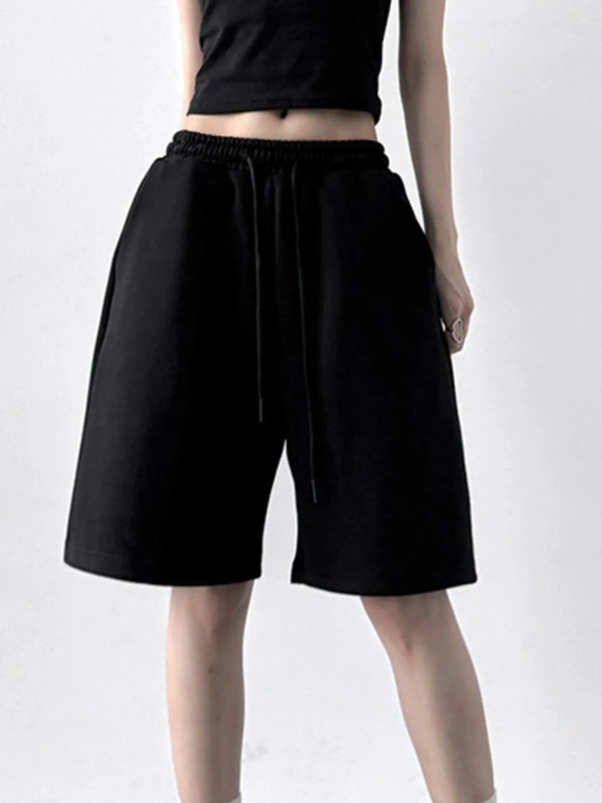 Drawstring Wide Leg Shorts by Trendsi, black jogger shorts with pockets