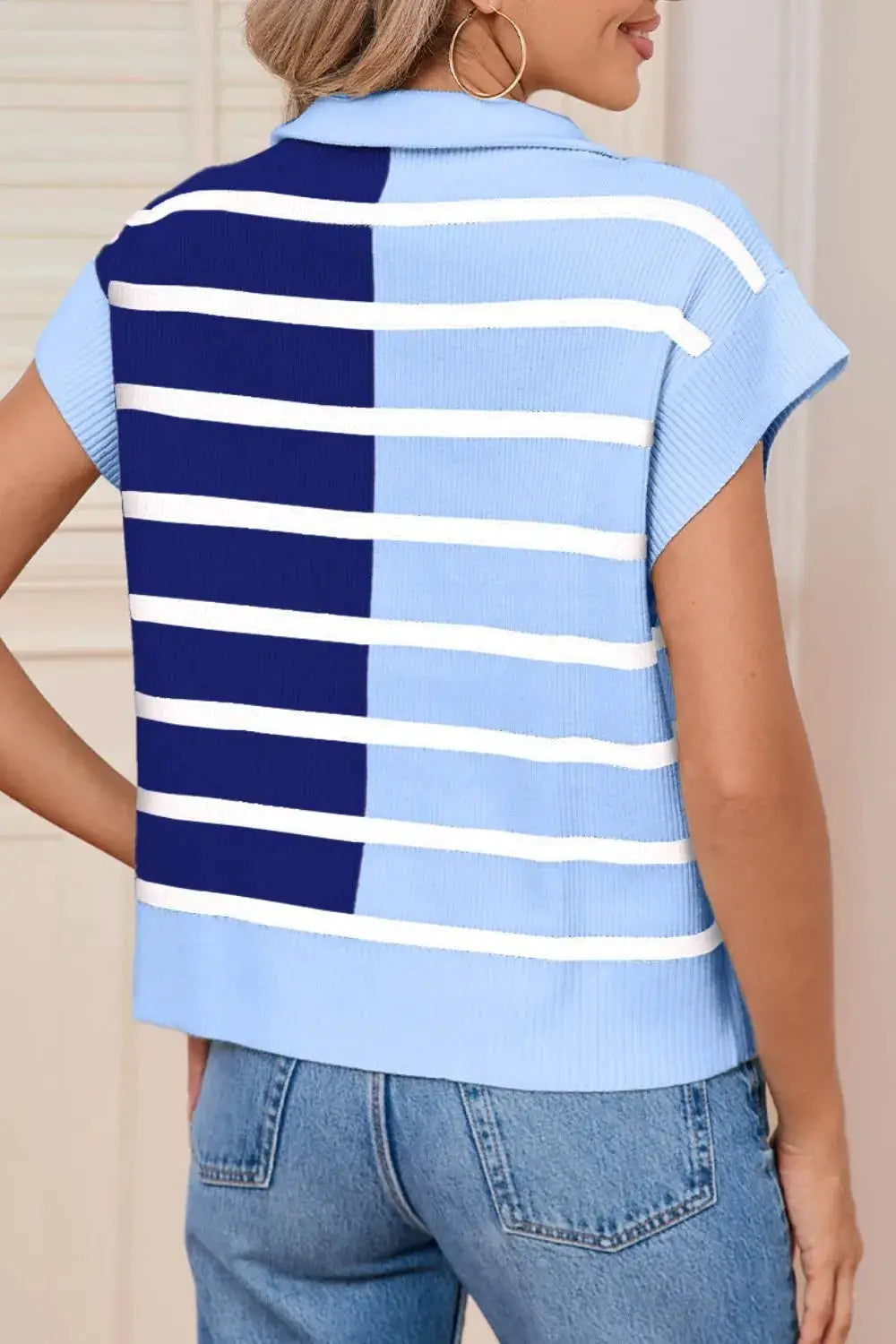 Soft stretch striped half-zip sweater vest in lightweight blue polyester with navy and white stripes