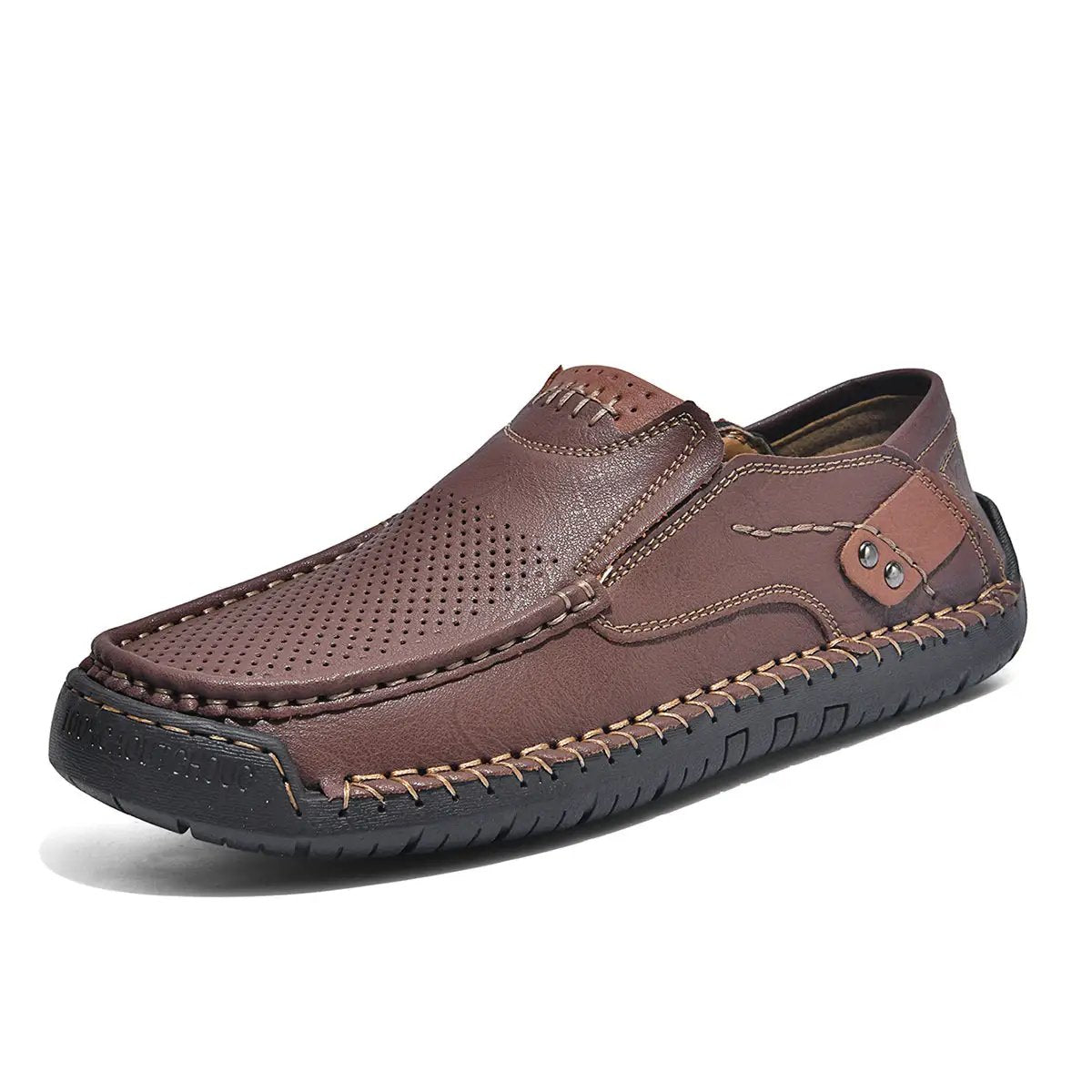 Meridian Hand Stitched Men's Outdoor Casual Shoes in brown leather with perforated toe and moccasin stitching