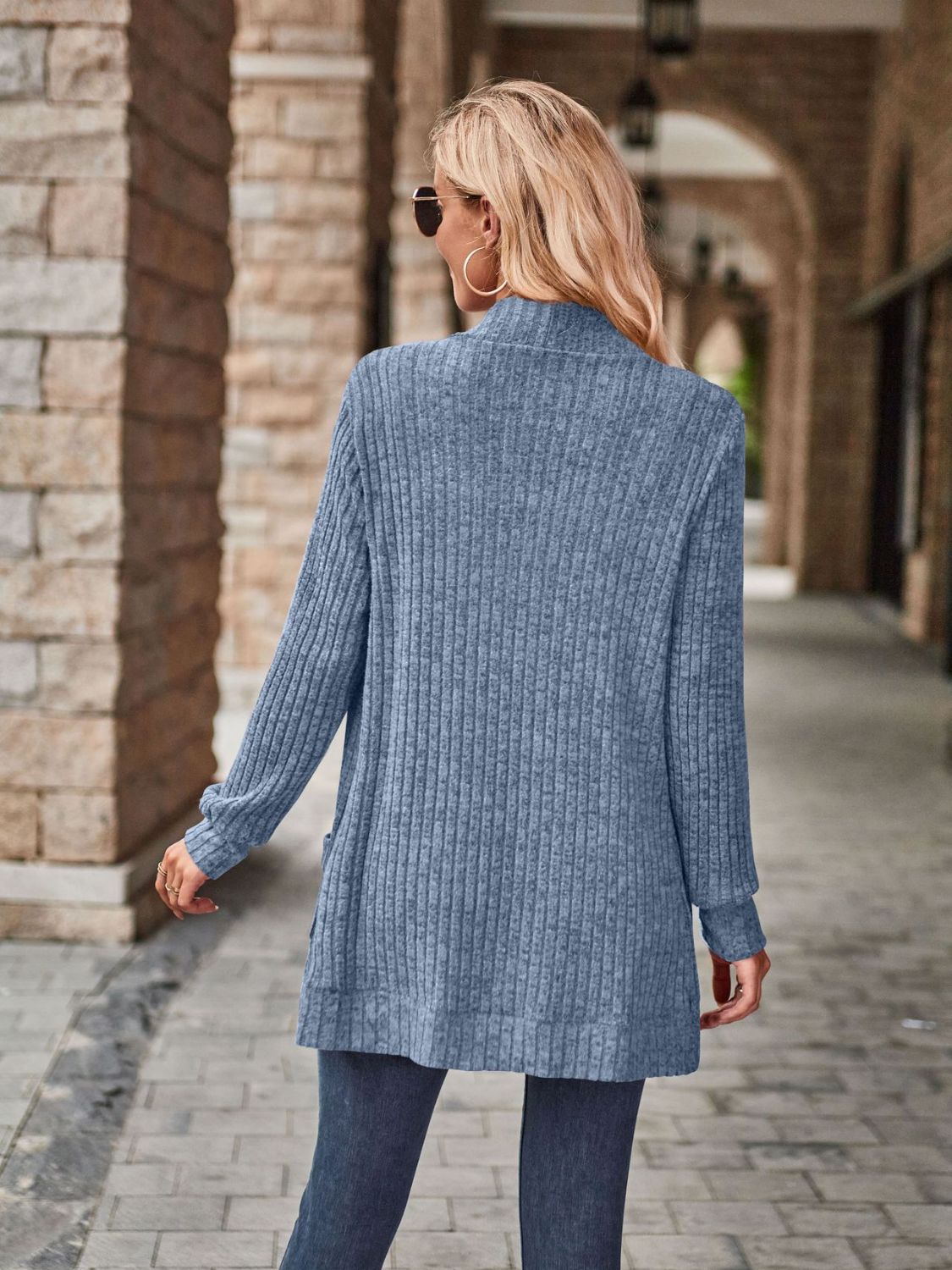 Blue-gray ribbed knit open-front cardigan for women with long sleeves and mid-thigh length, back view.
