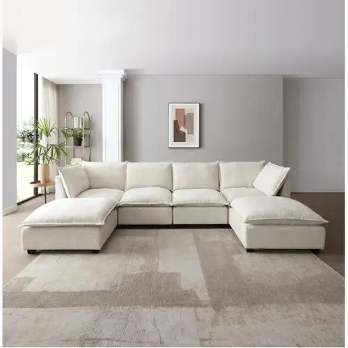 LuxeCasa modular linen sectional sofa with convertible ottoman in beige, PrimeCanada.Store