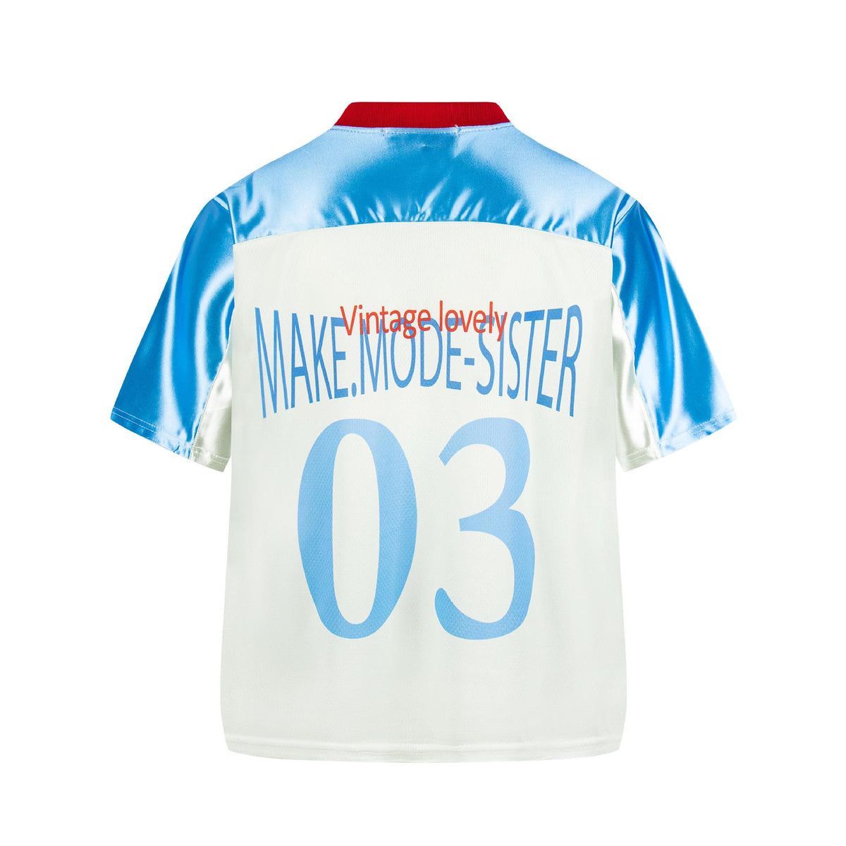 V-neck cartoon short-sleeve shirt with blue satin sleeves, red collar, white panel showing 03 and MAKE-MODE-SISTER.
