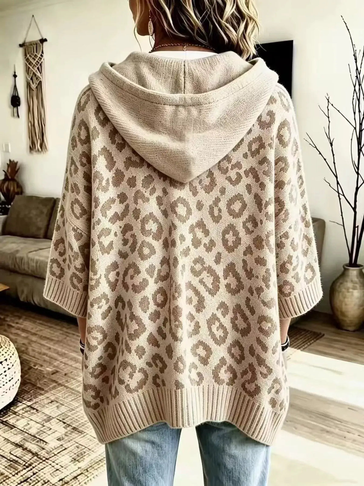 Drawstring leopard print hooded sweater in cream-beige knit, back view