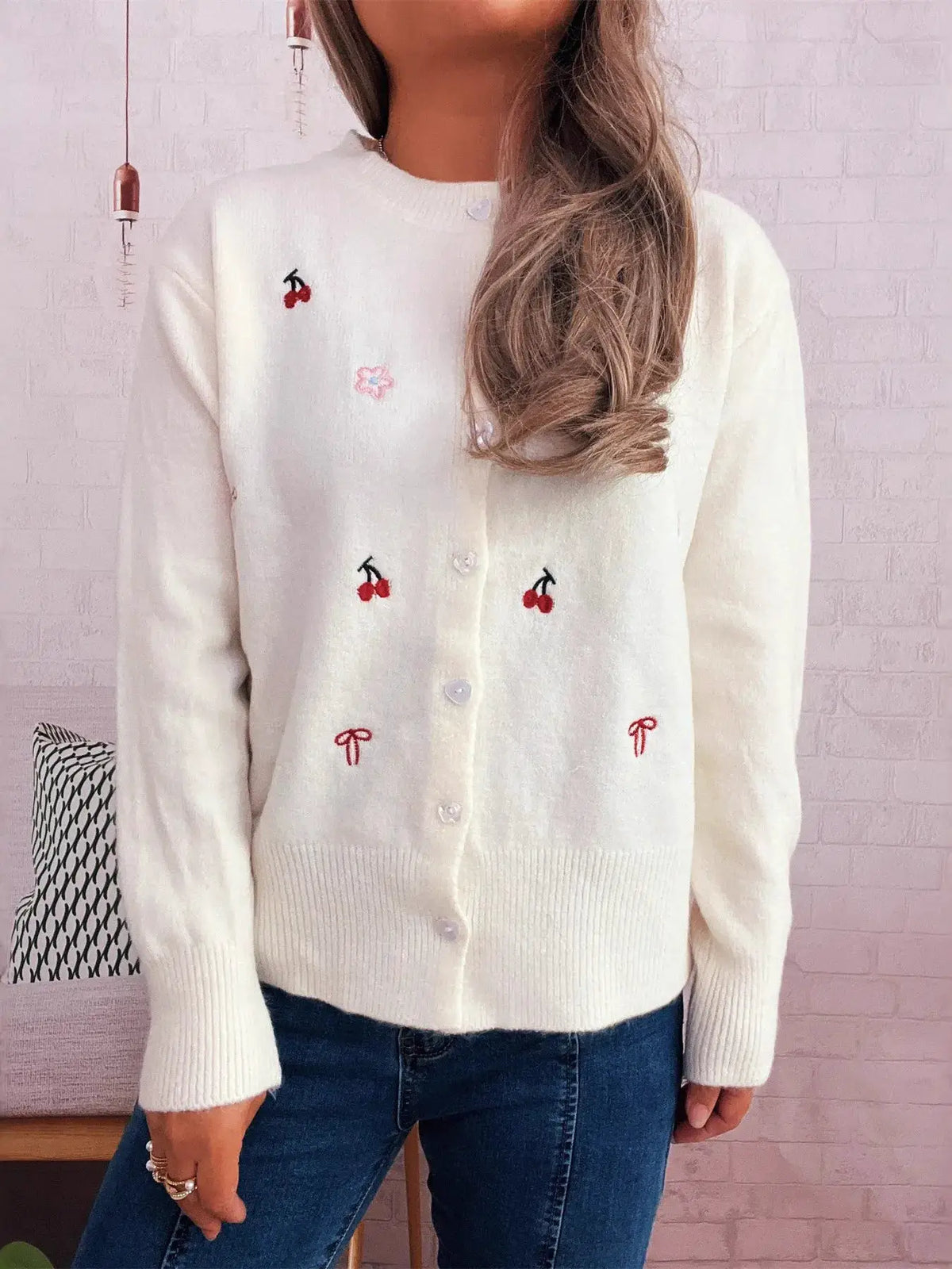 Ribbed button-front knit cardigan in white with red cherry embroidery by Trendsi