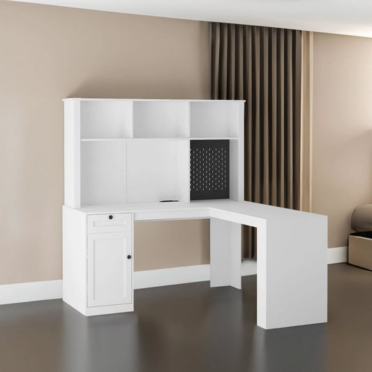 Corner gaming computer desk with socket, drawers, bookshelf and writing desk, modern L-shaped learning desk with storage space by eprolo