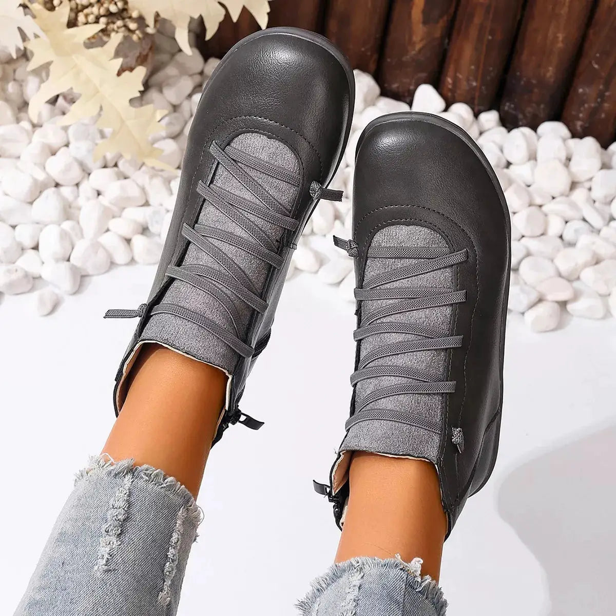 Lace-Up Faux Leather Ankle Boots, black with gray tongues, pair