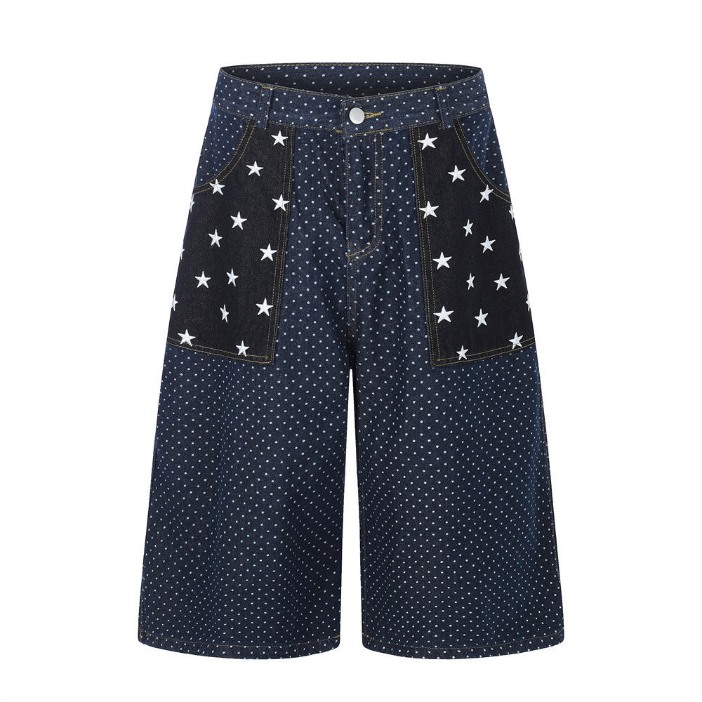 Star pocket polka dot denim cropped pants by eprolo, dark blue with white stars