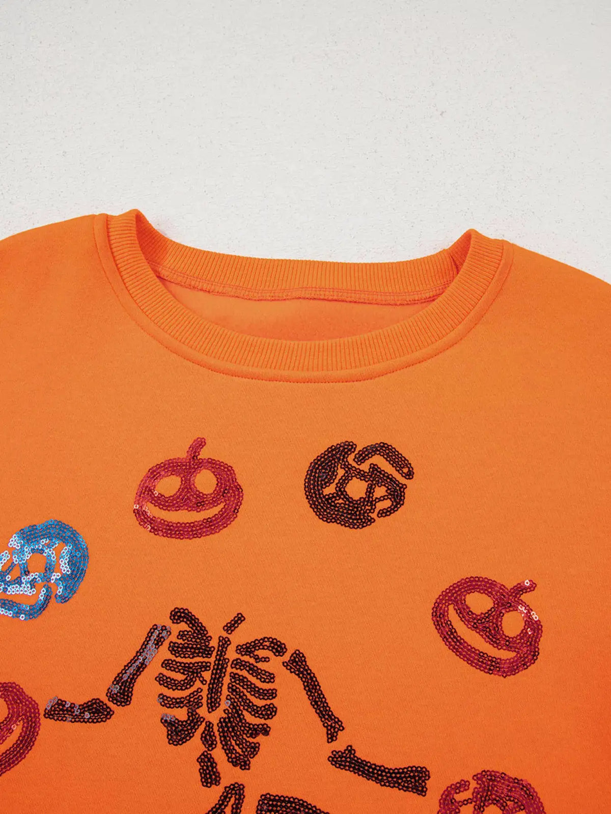 Dancing Critters Sequin Halloween Crewneck Sweatshirt in orange with multicolor sequin pumpkin motifs