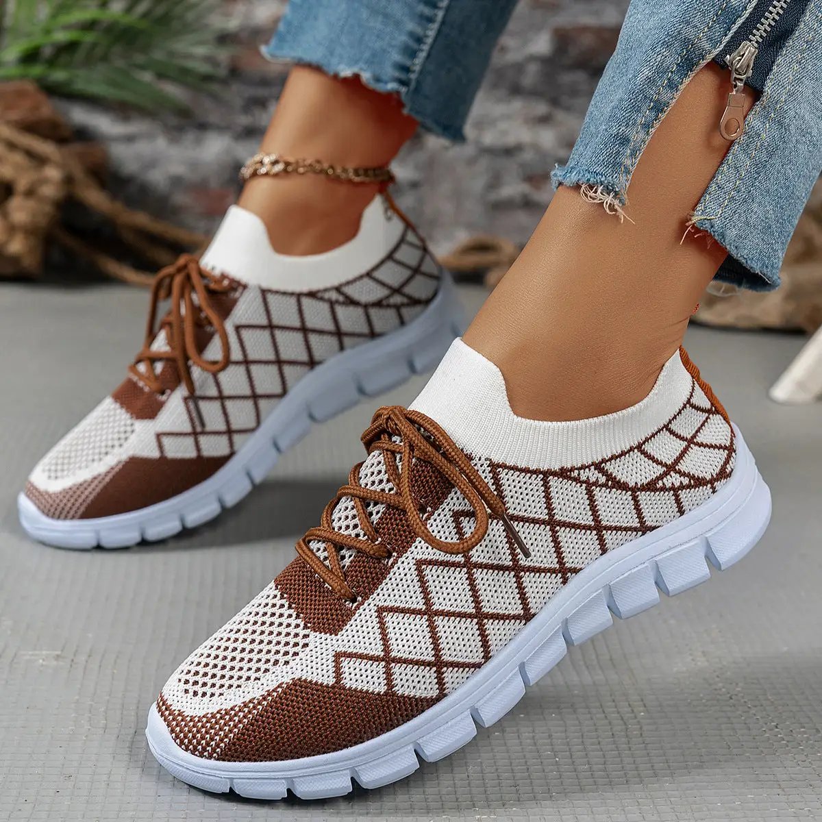 Colorblock plaid flyknit sneakers for women; brown/white mesh, lace-up casual walking shoes