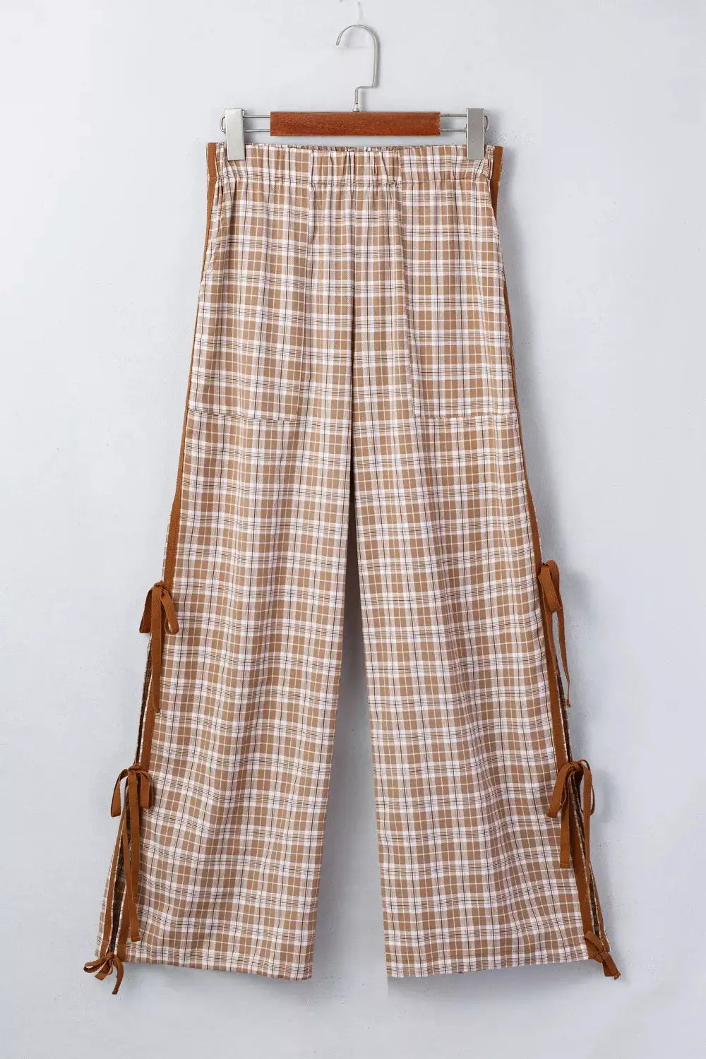 Plaid Print Tie Detail Casual Pants by Trendsi; beige/brown plaid with side tie accents.
