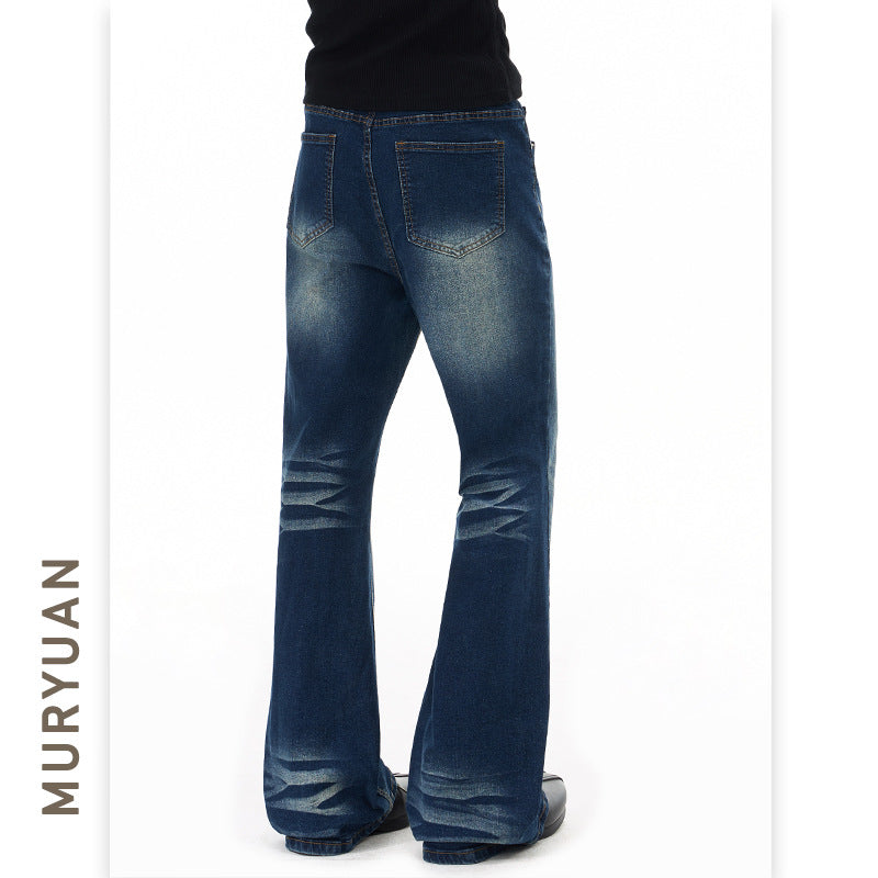 Street Style Slim Fit Stretch Flared Jeans, blue denim with faded whiskering, back view; MURUYAN watermark