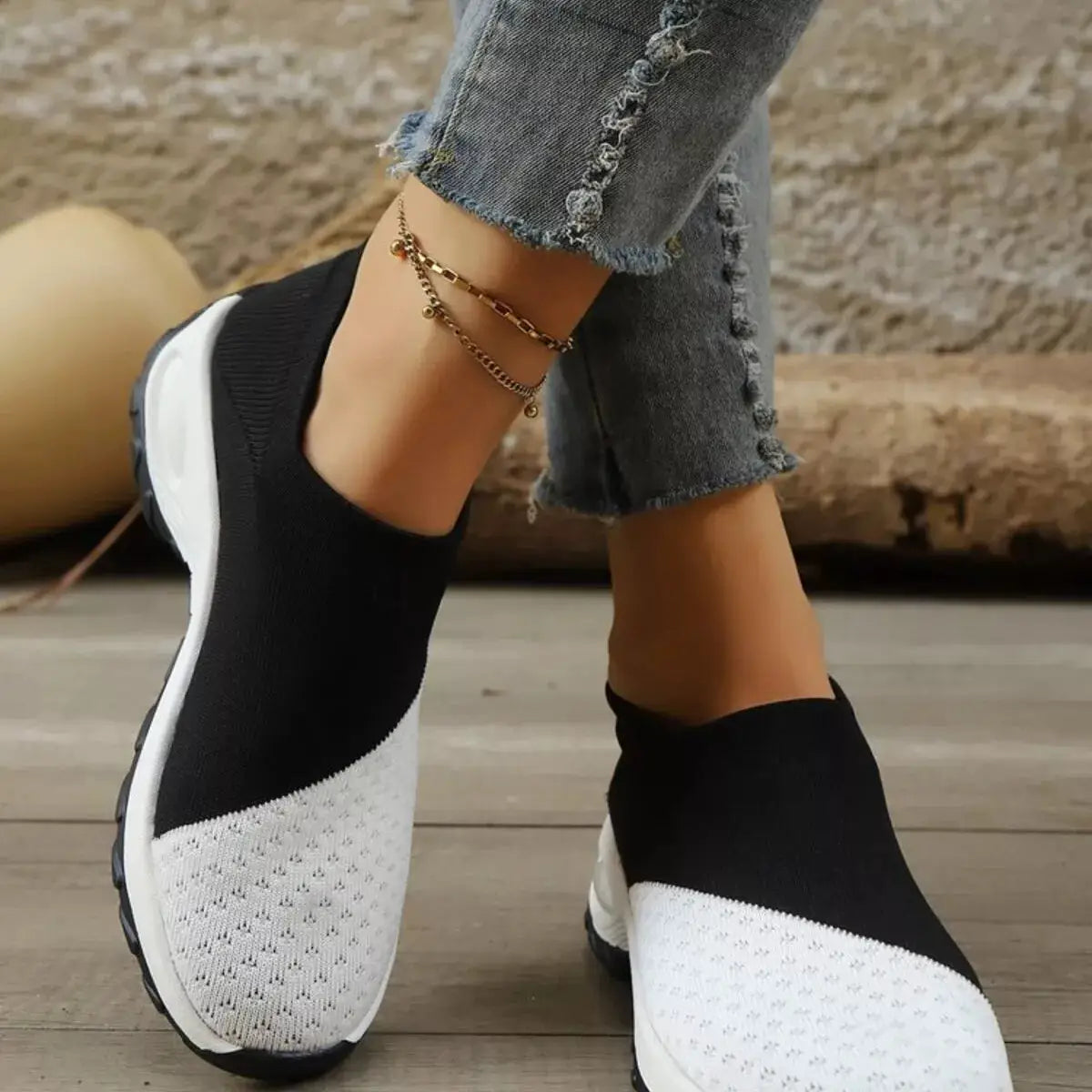 Trendsi Color Block Mesh Athletic Shoes; black and white knit slip-on flats with white sole