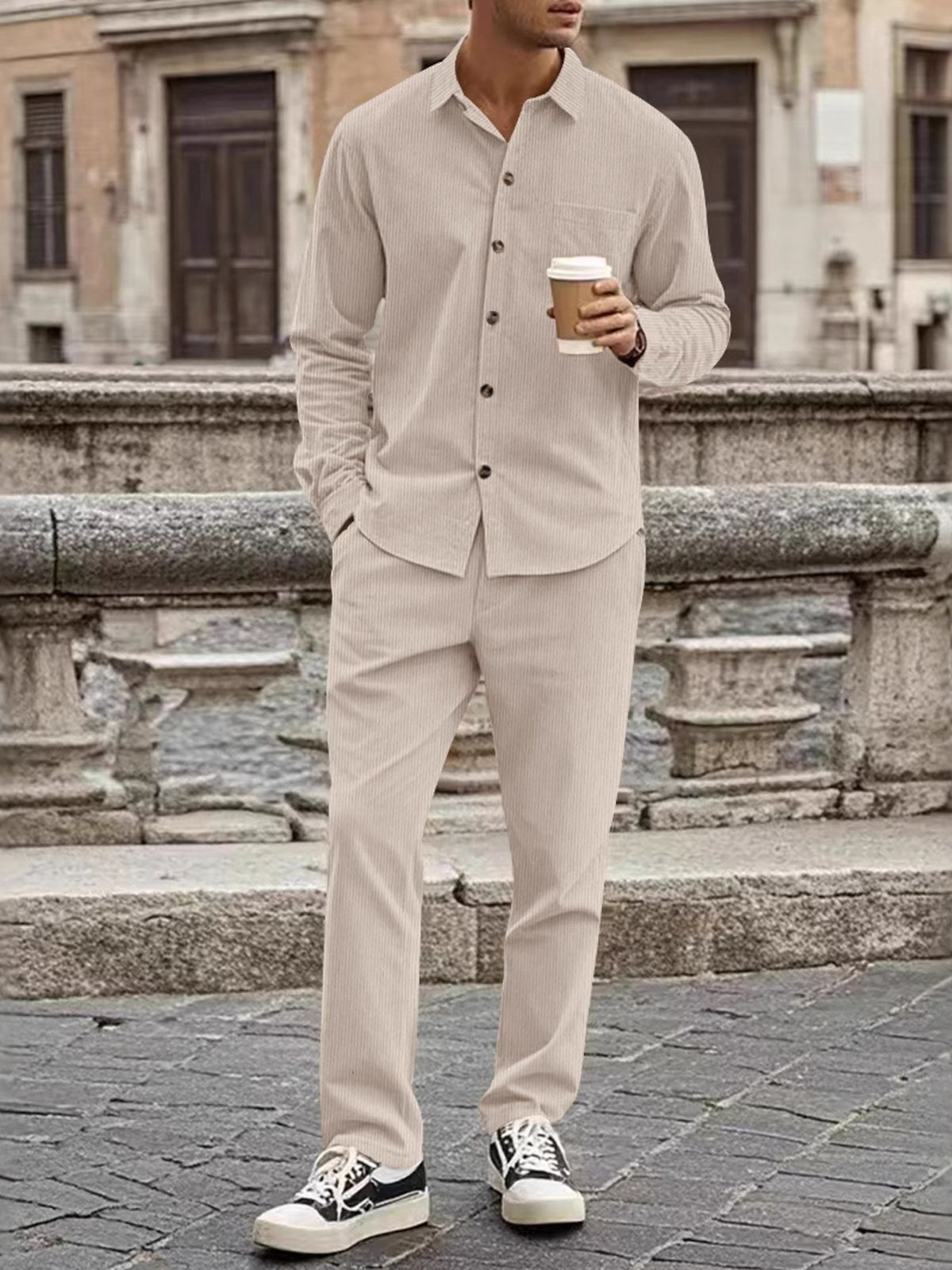 Men's beige ribbed button-up long-sleeve shirt and pants set with chest pocket, plus size
