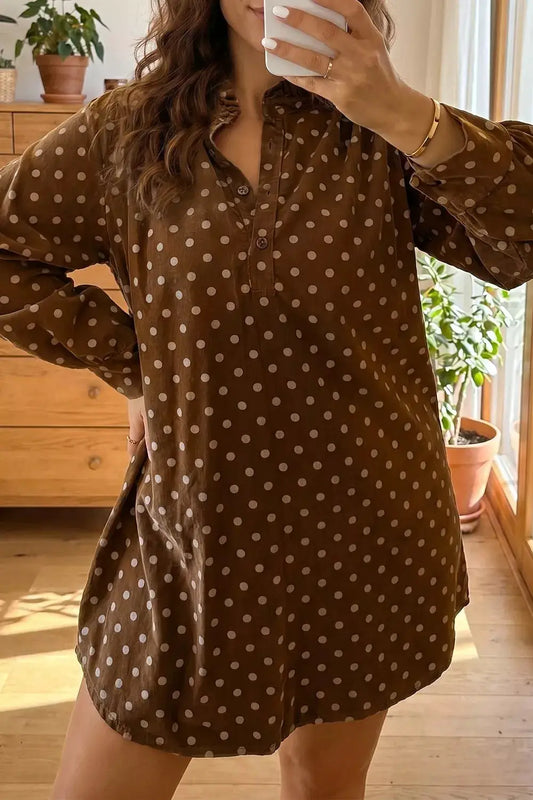 Polka Dot V-Neck Long Sleeve Shift Dress by Trendsi, brown with beige dots, button-front