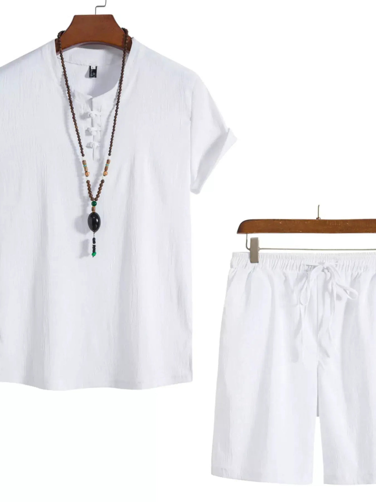 Mens plus-size Mandarin Collar Short Sleeve Shirt and Shorts Set in white by Trendsi