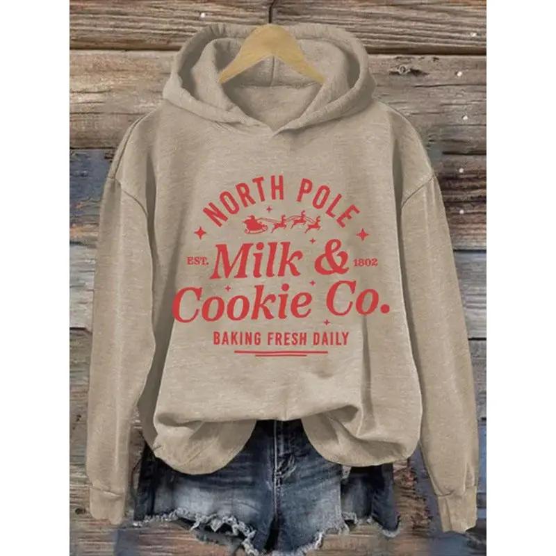 Womens beige hooded long-sleeve sweatshirt with red Milk & Cookie Co. graphic by AdTec.