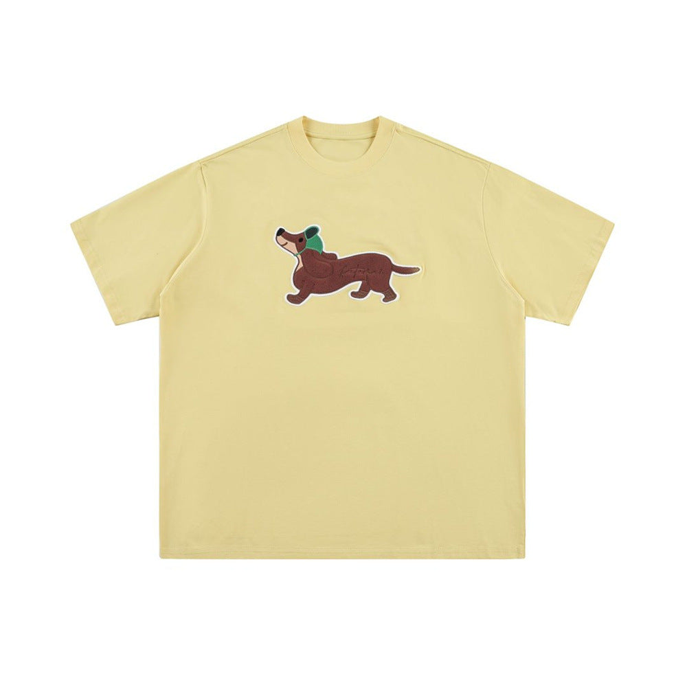 Dog embroidery pure cotton short-sleeved T-shirt in light yellow with a brown dog graphic