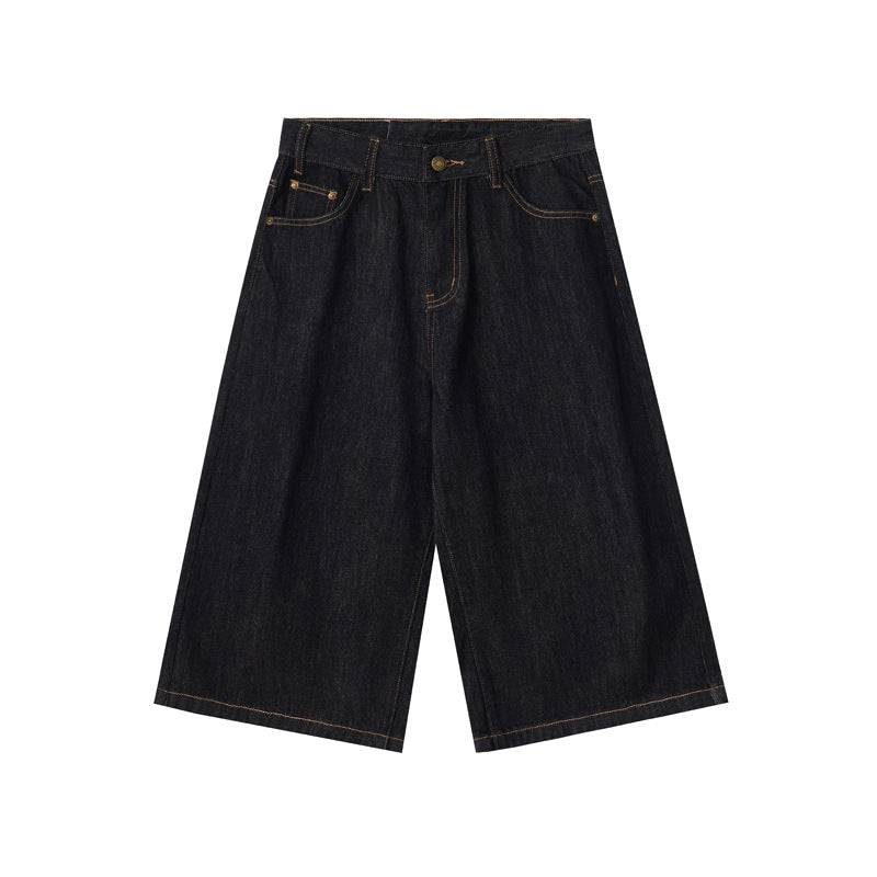 Original cowhide denim cropped pants in dark indigo with a wide-leg silhouette