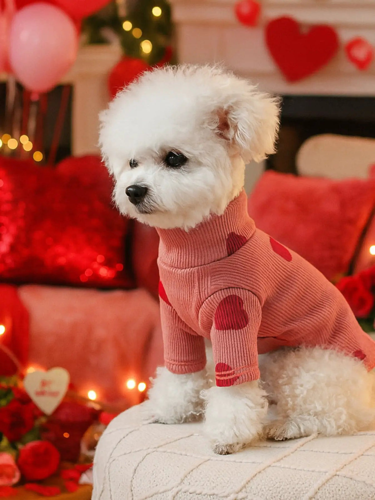 Heart Pattern Pet Sweater for dogs, pink knit with red heart accents