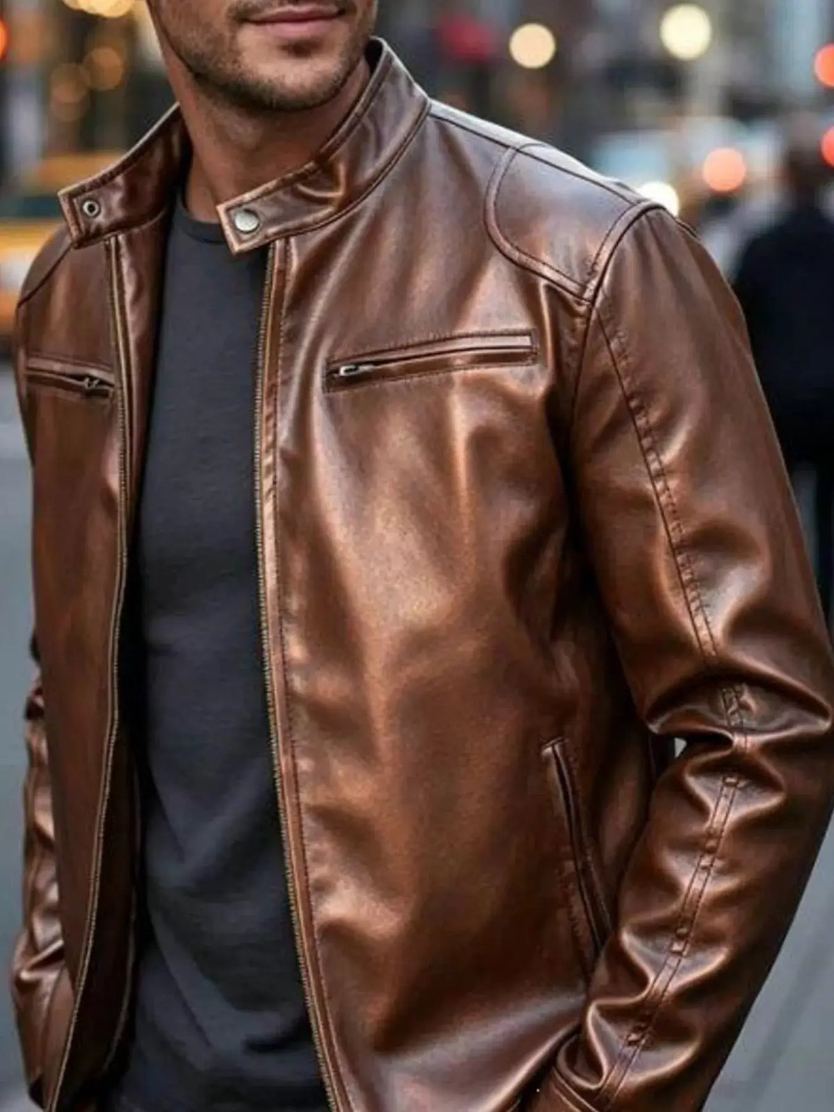 Men's brown faux leather bomber jacket with zip pockets