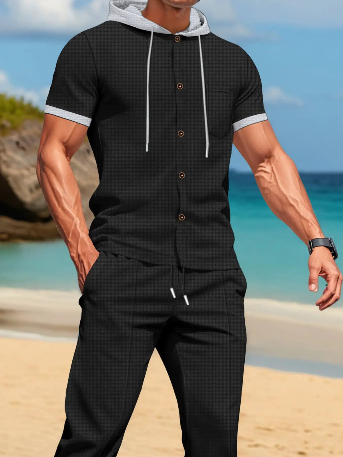 Men's black short-sleeve hooded top and shorts two-piece set with pockets