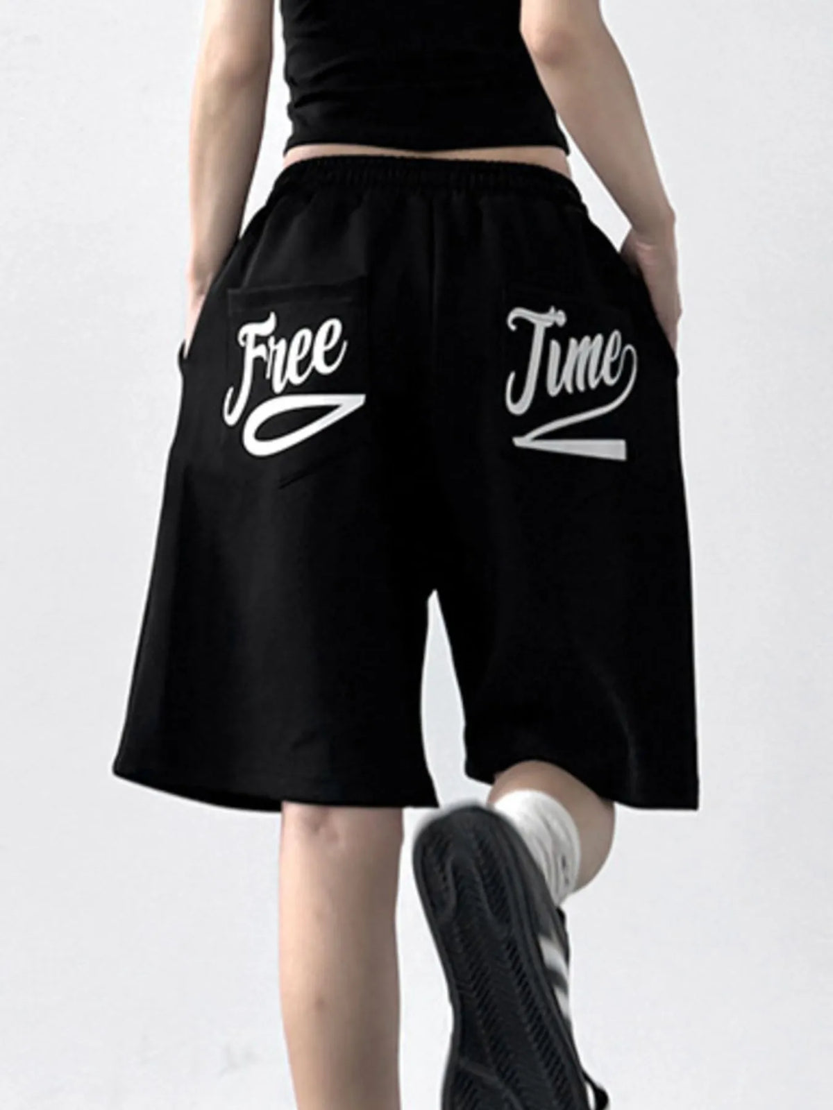 Drawstring Wide Leg Shorts, black, with back pockets and Free Time logo, Trendsi