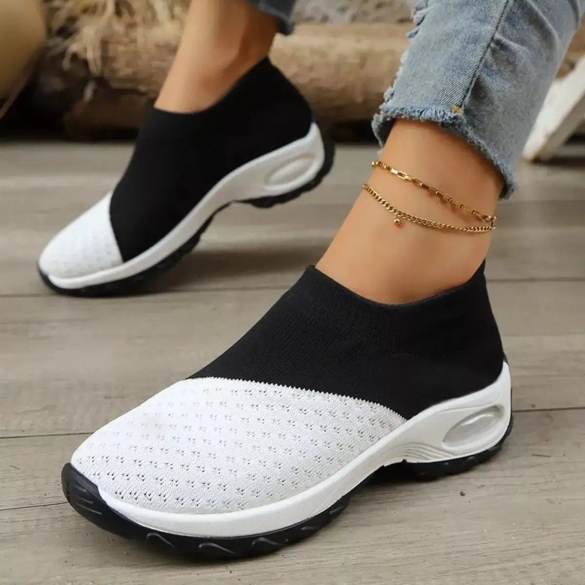 Color Block Mesh Athletic Shoes with black knit upper and white perforated toe, white sole