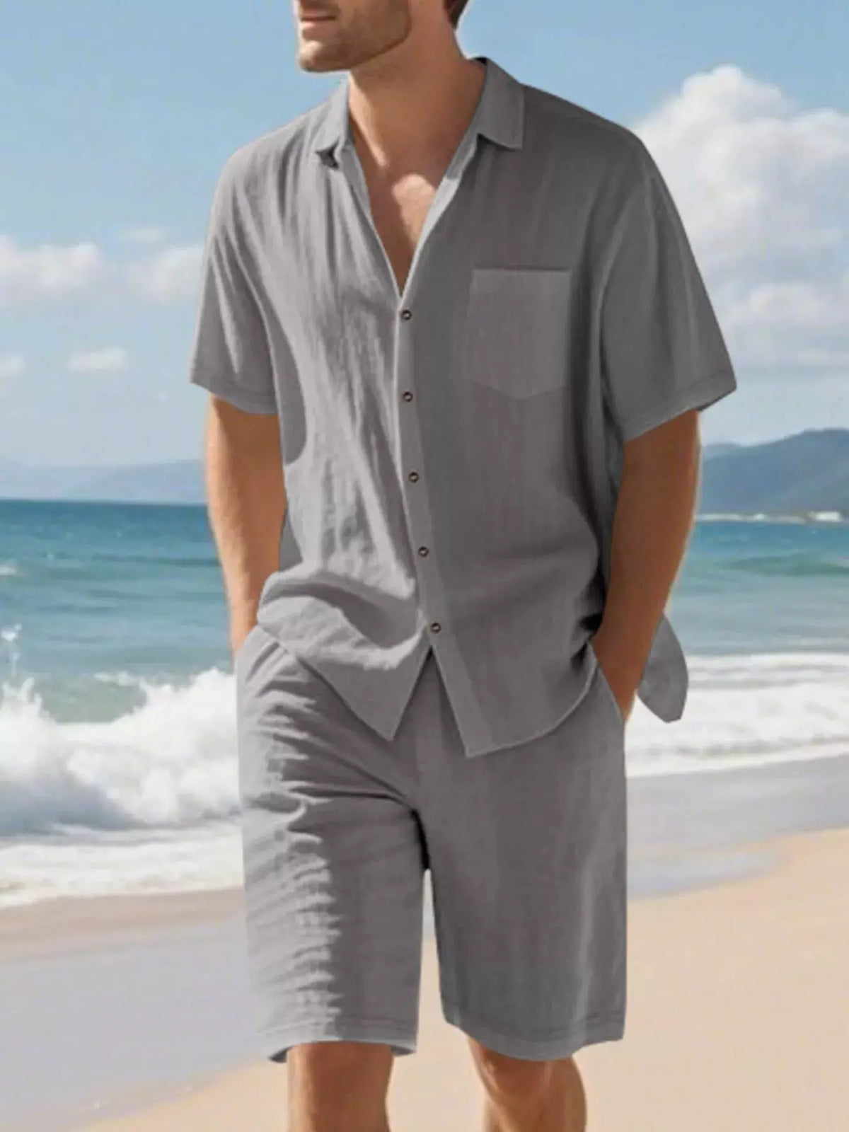 Mens plus-size casual button-up shirt and shorts two-piece gray set on beach by Trendsi
