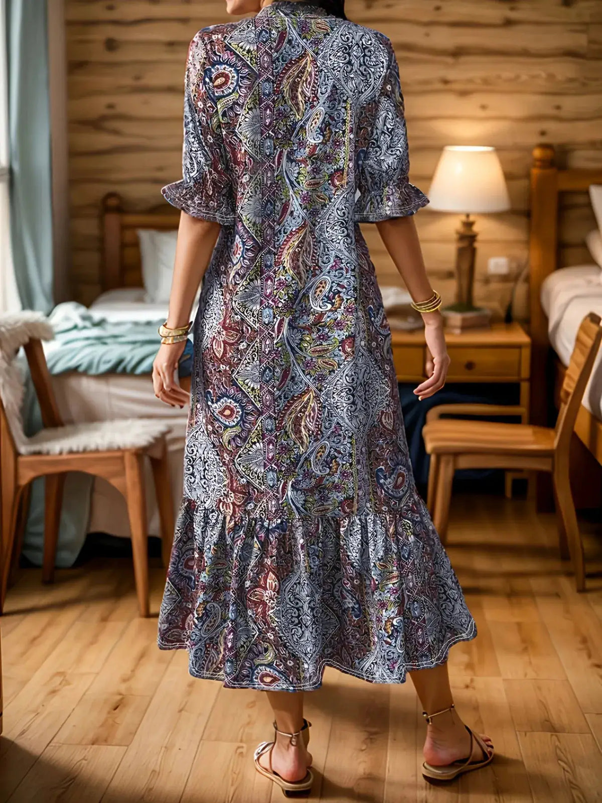 Bohemian paisley print ruffle-hem midi dress, plus size, blue and purple tones