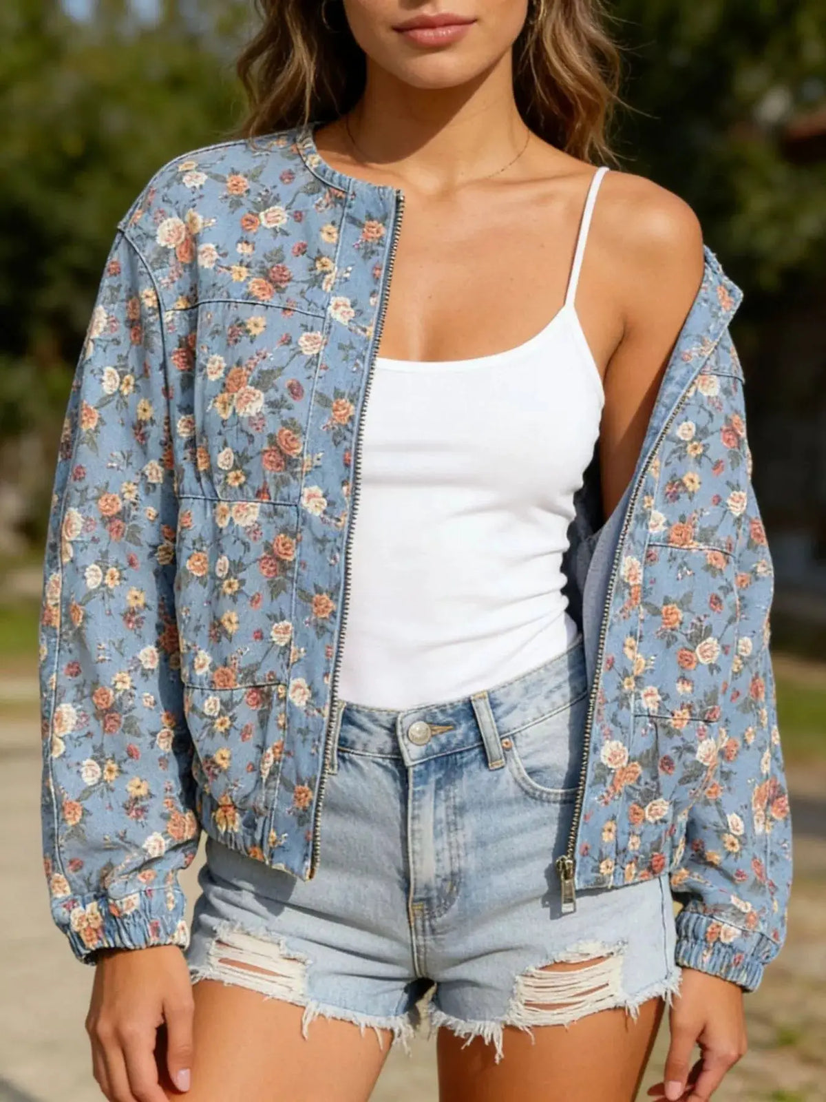 Floral print zip-up denim jacket in light blue with front pockets