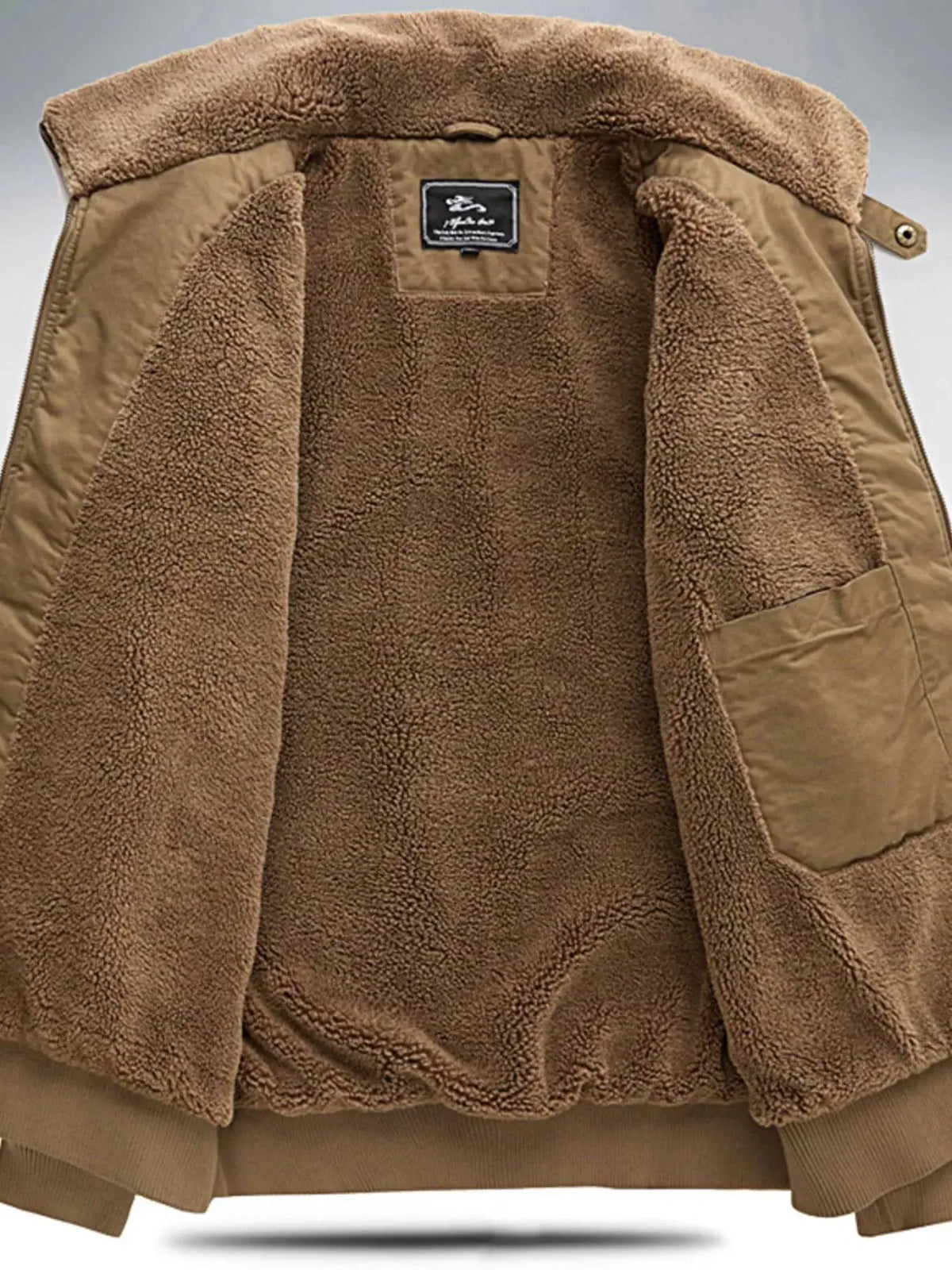 Men's plus-size sherpa-lined zip-up jacket by Trendsi, tan-brown exterior