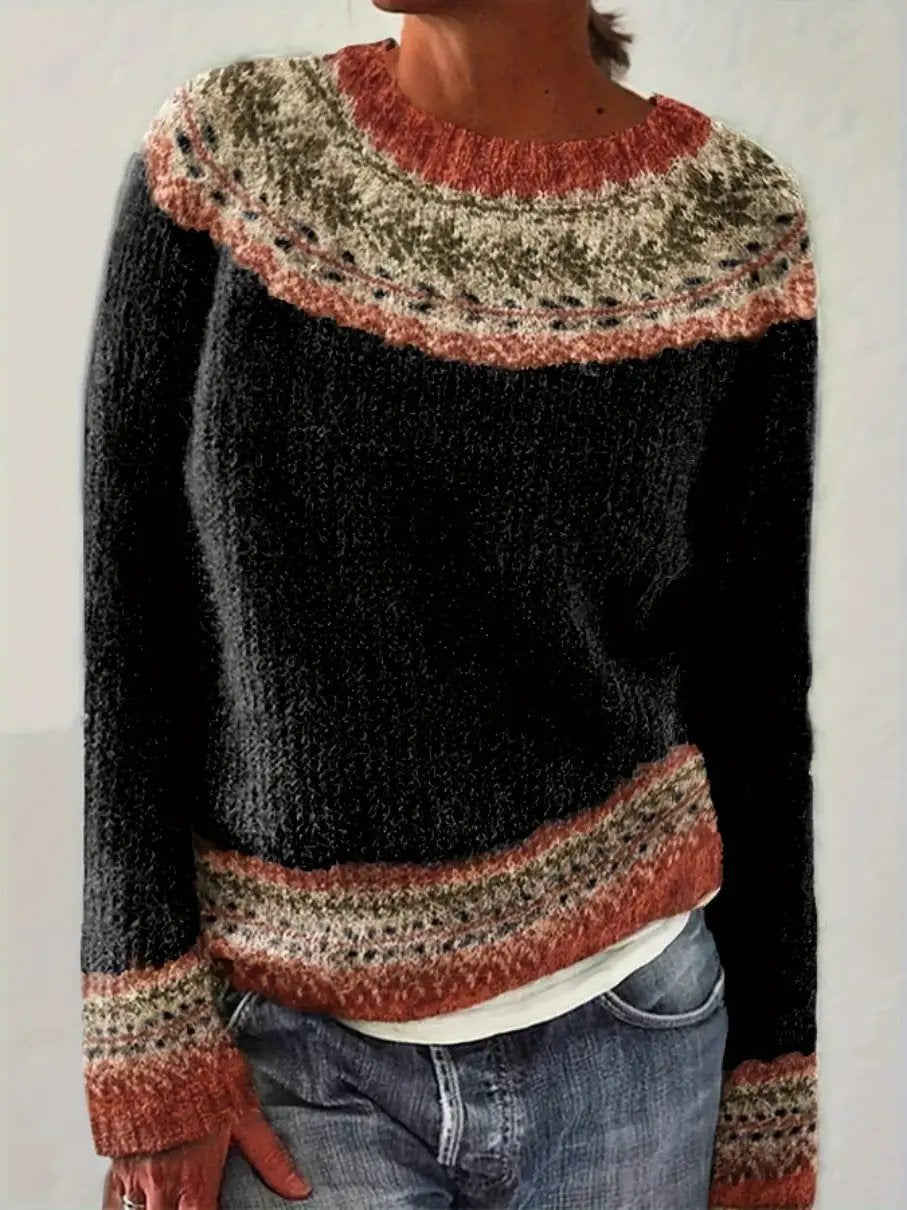 Round neck multicolor knit pullover sweater, black body with red-cream patterned yoke