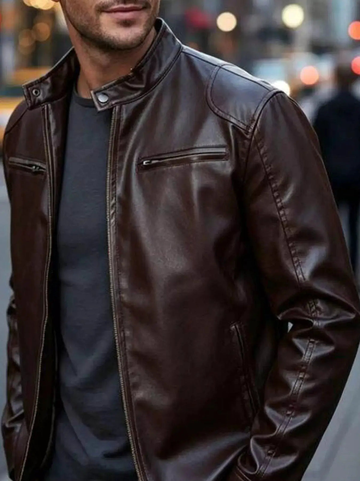 Men's plus-size faux leather bomber jacket with zip pockets, brown