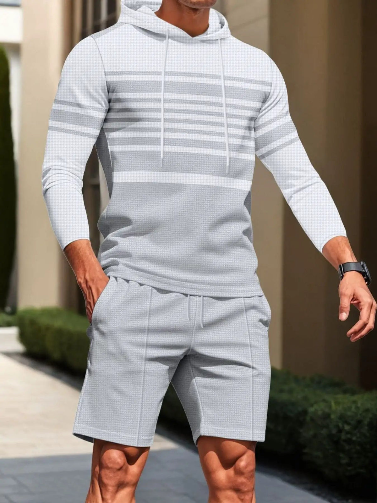 Men's striped hoodie and shorts 2-piece loungewear set in light gray by Trendsi.