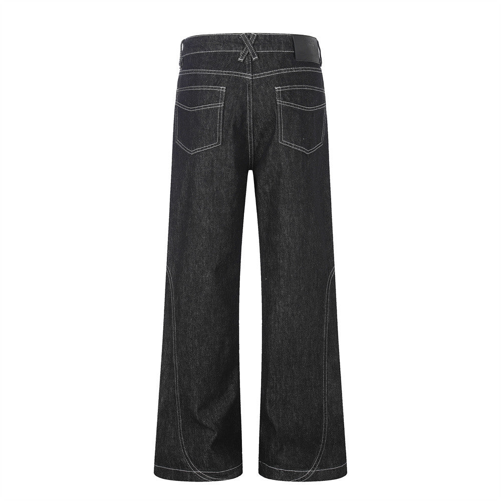 Casual denim micro flared pants by eprolo, dark wash jeans with white contrast stitching and back pockets.