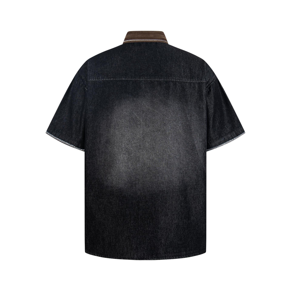 Cat embroidered cowboy short sleeve denim top by eprolo with brown collar and white stitching