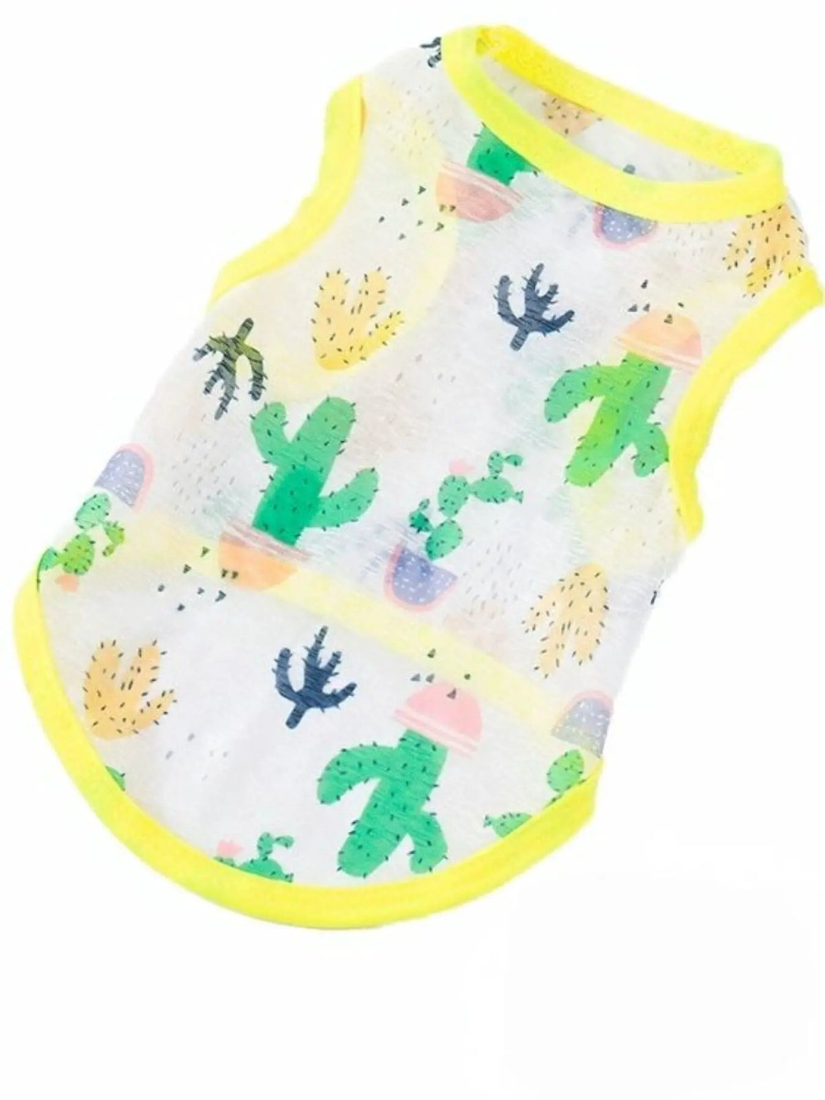 Lightweight Pet Top by Trendsi; white fabric with yellow trim and green cactus print.