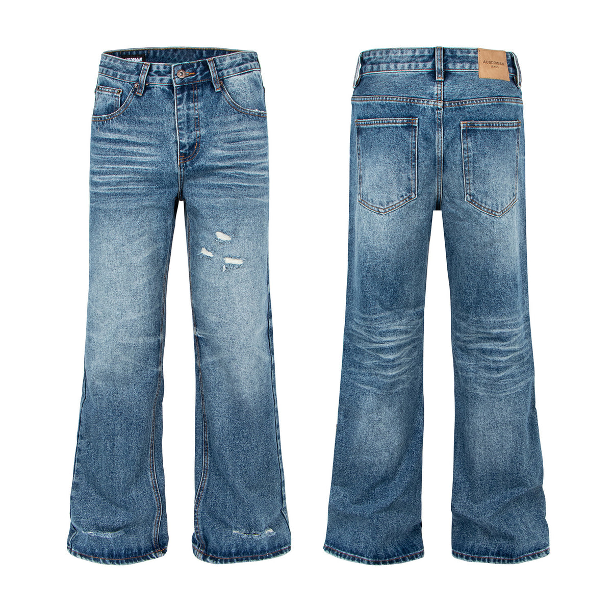 Blue distressed cat-whisker bamboo-texture flared jeans by eprolo, front and back views (2 pcs)