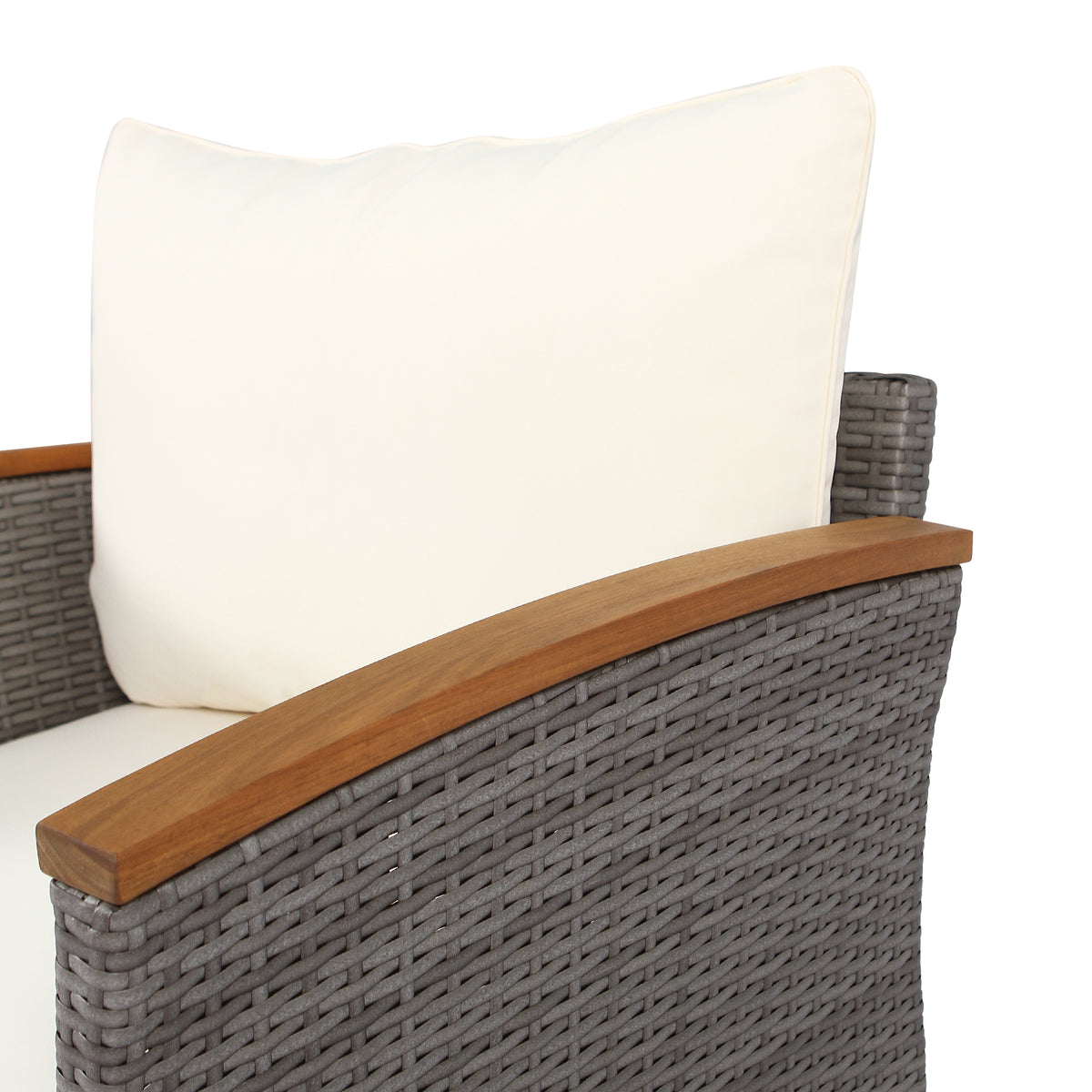 9-piece patio rattan sofa set with beige washable cushions and Acacia wood armrests