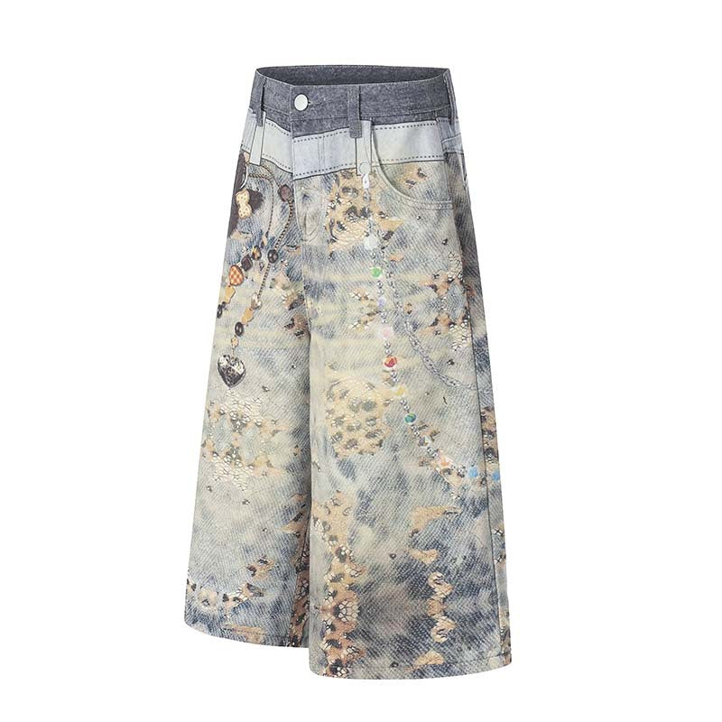 Pendant 3D digital printed washed denim cropped shorts by eprolo blue multicolor pattern