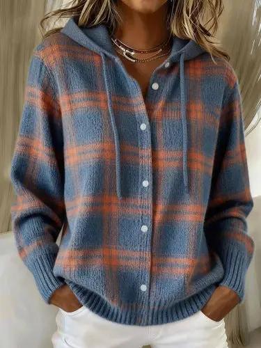 Women's relaxed-fit hooded cardigan in blue-and-orange plaid, extra-thick knit with button-front and ribbed cuffs.