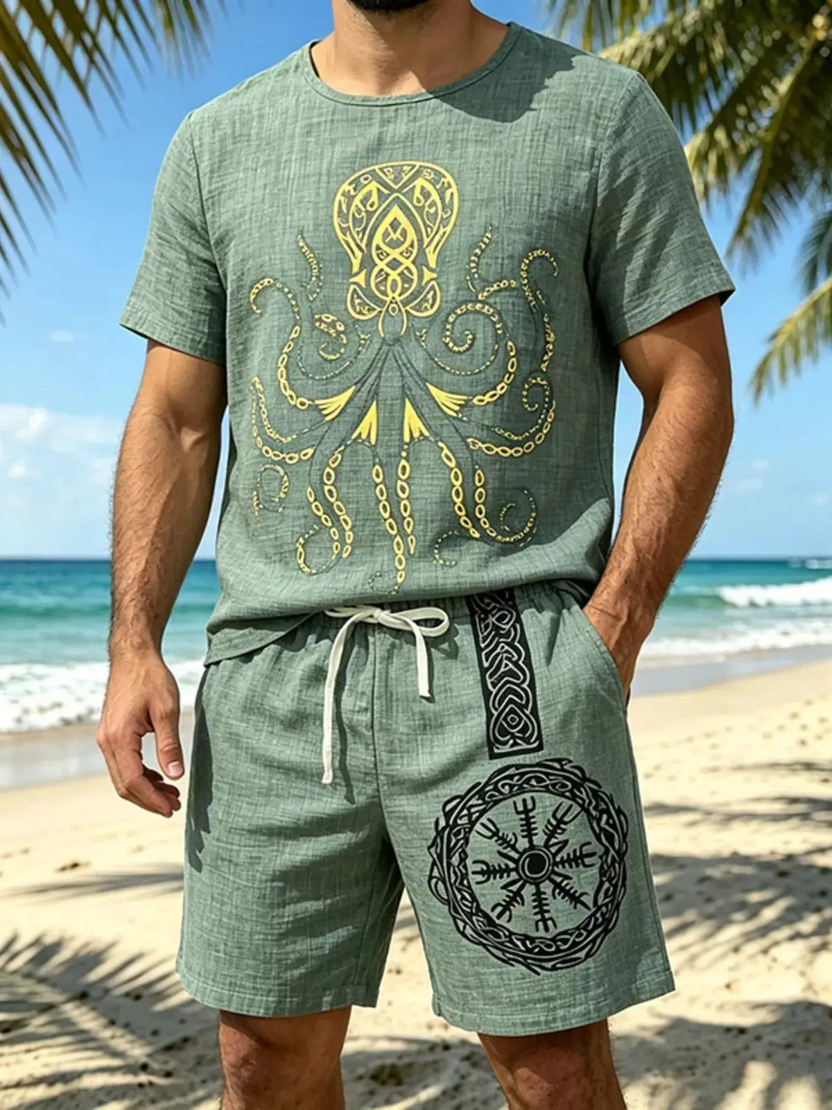 Mens two-piece loungewear set: green tee with gold octopus print and matching drawstring shorts