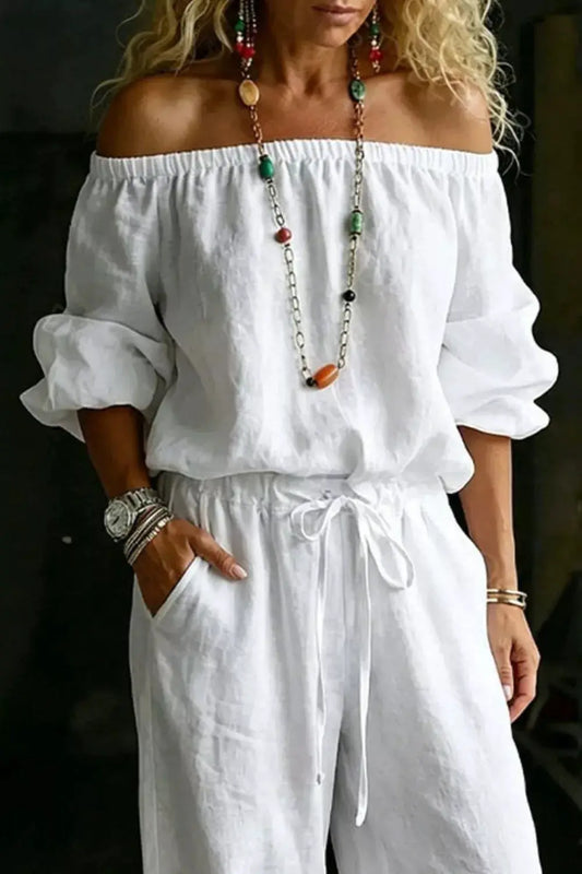 2-piece off-shoulder white top and pants set, plus size
