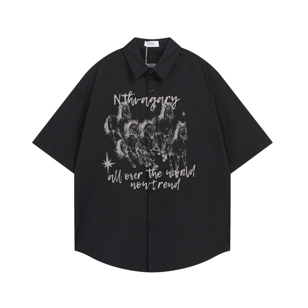 Black short-sleeve shirt with a light gray horse group sketch print