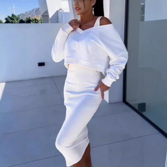 Traje de dos piezas para mujer, moda, sudadera de manga larga con cuello en V y conjunto de vestidos sin mangas