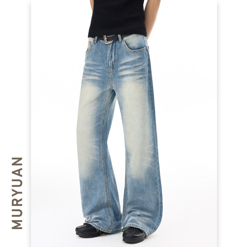 Style Wrinkle Catwhisker Flared Jeans for Men in light-washed denim with MURYUAN branding.